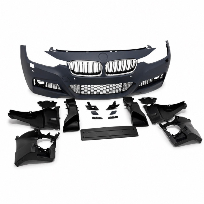 Бампер передній BMW 3-Series F30/F31 (2011-2019) в стилі M-Tech з отворами під парктронік, та решітками радівтора (хром-чорний глянець) 