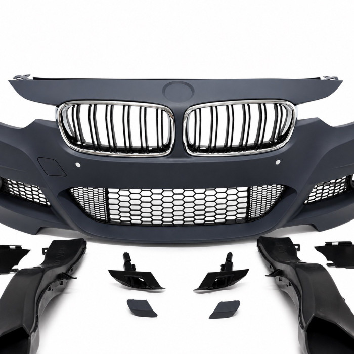 Бампер передній BMW 3-Series F30/F31 (2011-2019) в стилі M-Tech з отворами під парктронік, та решітками радівтора (хром-чорний глянець) 