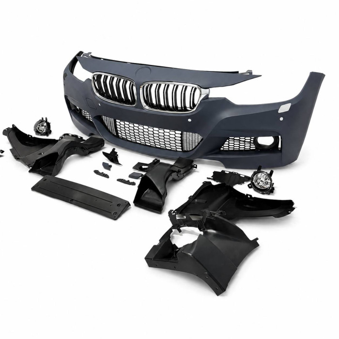 Front Bumper for BMW 3 Series F30/F31 (2011–2019) – M-Tech Style with PDC Sensor Cutouts, LED Fog Lights & Chrome/Gloss Black Kidney Grilles