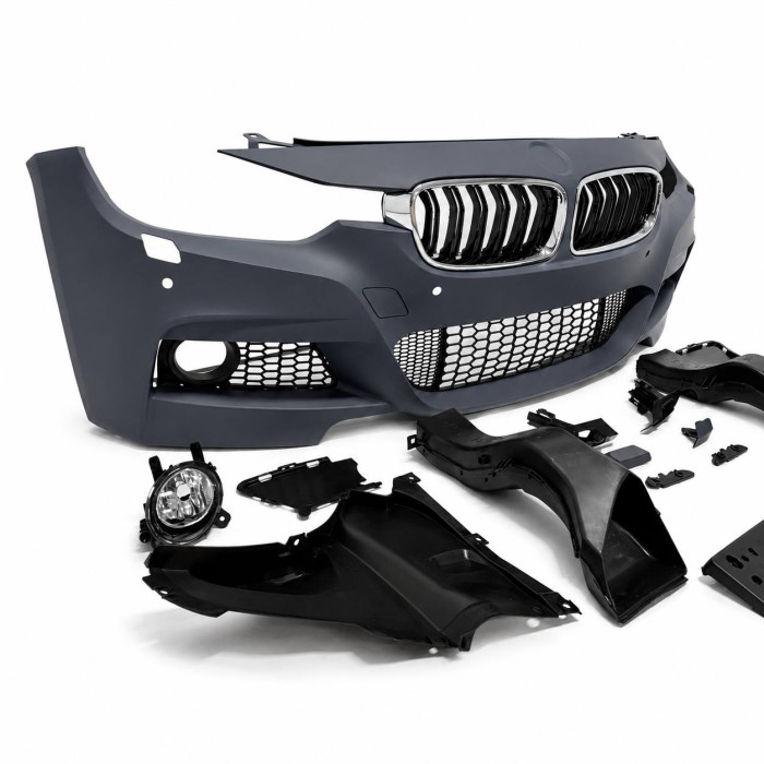 Front Bumper for BMW 3 Series F30/F31 (2011–2019) – M-Tech Style with PDC Sensor Cutouts, LED Fog Lights & Chrome/Gloss Black Kidney Grilles