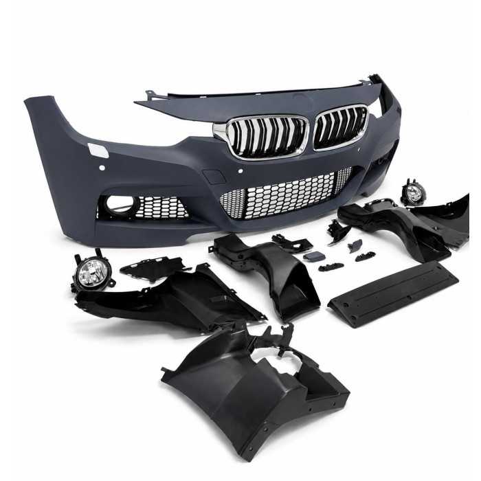 Front Bumper for BMW 3 Series F30/F31 (2011–2019) – M-Tech Style with PDC Sensor Cutouts, LED Fog Lights & Chrome/Gloss Black Kidney Grilles