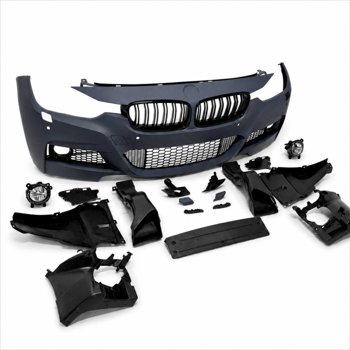 Front Bumper for BMW 3 Series F30/F31 (2011–2019) – M-Tech Style with PDC Sensor Cutouts, LED Fog Lights & Gloss Black Kidney Grilles