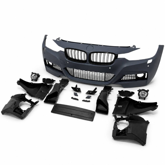 Front Bumper for BMW 3 Series F30/F31 (2011–2019) – M-Tech Style with PDC Sensor Cutouts, LED Fog Lights & Gloss Black Kidney Grilles