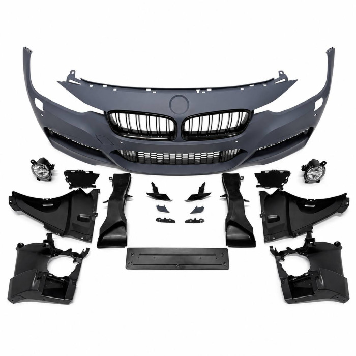Front Bumper for BMW 3 Series F30/F31 (2011–2019) – M-Tech Style with PDC Sensor Cutouts, LED Fog Lights & Gloss Black Kidney Grilles
