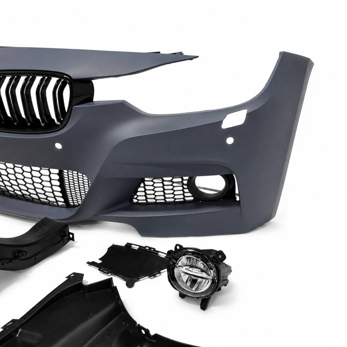 Front Bumper for BMW 3 Series F30/F31 (2011–2019) – M-Tech Style with PDC Sensor Cutouts, LED Fog Lights & Gloss Black Kidney Grilles